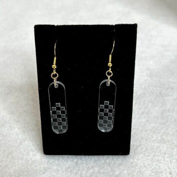 Black Checkerboard Engraved Acrylic Dangle Earrings - Picture 2 of 5